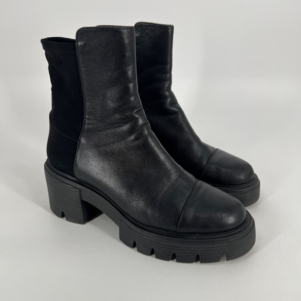 Stuart Weitzman Soho 5050 Lug Sole Boots Womens 8 Black Leather Stretch Platform